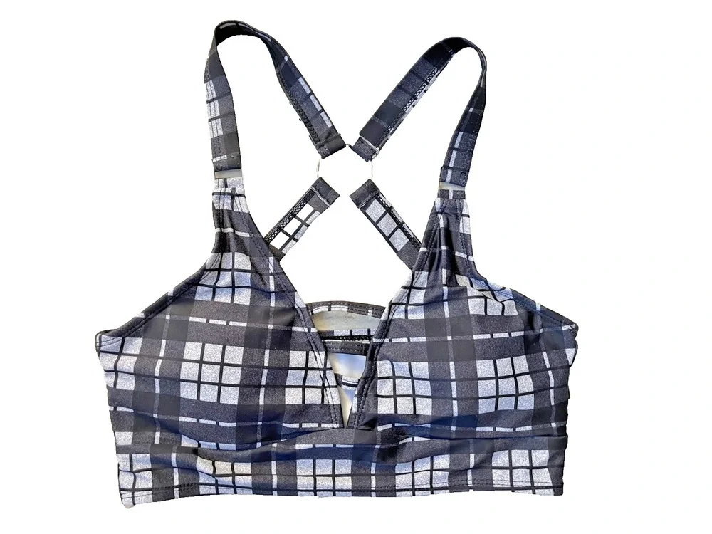 Women's Dressfo Size Medium Gray Black Bra Comfortable Cross Back Plaid Pattern